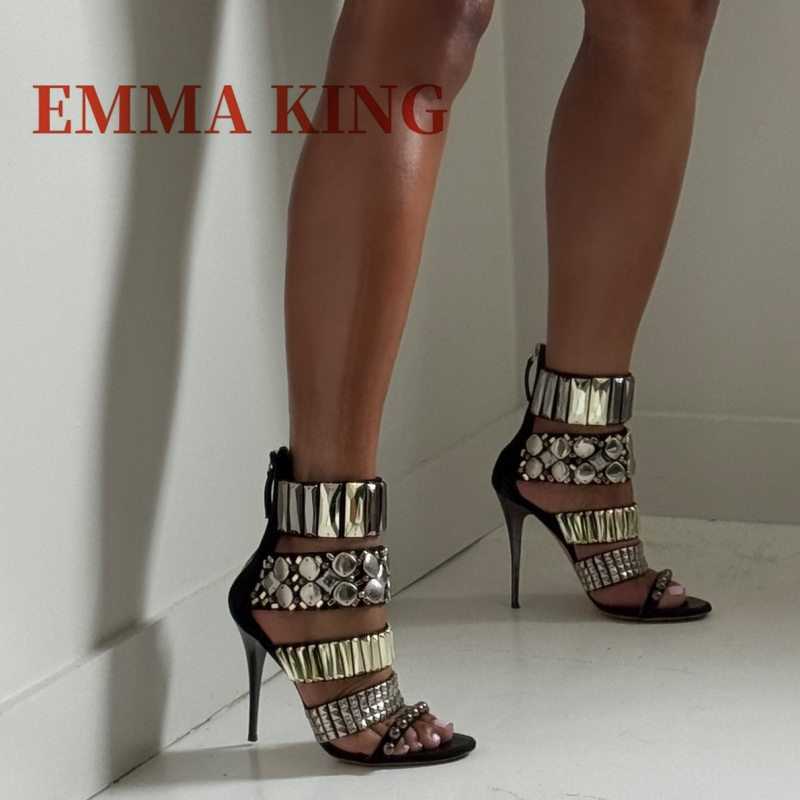 Ankle Strap Attachment - Preto embelezado tornozelo cinta sandálias verão